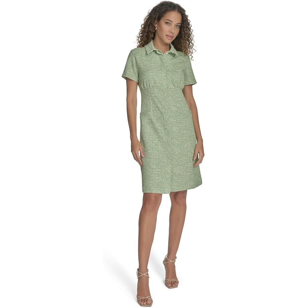 Calvin Klein Womens Green Tweed Short Sleeve Collar Shift Dress Size 14 NWT